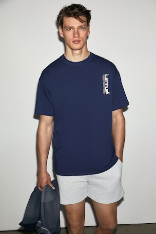 Grımelange Antonıo Erkek Baskı Detaylı %100 Organik Pamuk 3 İplik Örme Oversize Lacivert T-shirt