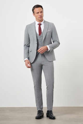 Morven Erkek Gri Poliviskon Trend Yelekli Ekoseli Slim Fit Sivri Yaka Takım Elbise Gri
