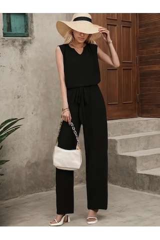 Simala Kadın Kolsuz V Yakalı Aerobin Bluz Ve Belden Kuşaklı Pantolon Ikili Takım Siyah