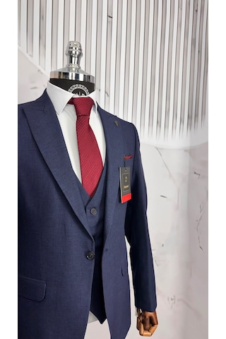 Dupont Classics Dupont Erkek Slim Fit Yelekli Takım Elbise 6 Drop Çift Yırtmaç Koyu Lacivert