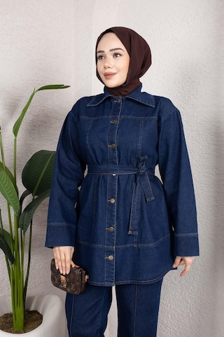 Misskayle Kuşaklı Düğmeli Denim Takım Rahat Kesim İkili Kombin Koyu Mavi Koyu
