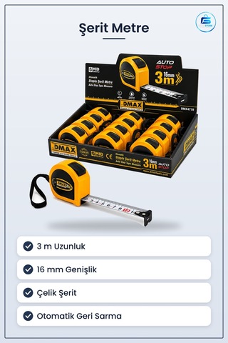 Şerit Metre 3 M X 16 Mm Çelik Otomatik Stoplu Ölçüm Aleti Kompakt