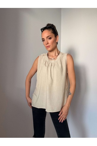Ali Butik Taş Rengi Bisiklet Yaka Keten Bluz Taş