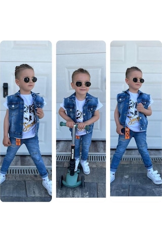 Uğur Böceği Çocuk Kurt Desenli Kot Yelekli Pantolon Tshirt Üçlü Erkek Takım 2-12 Yaş Mavi