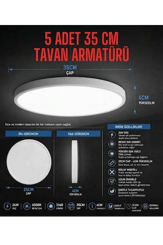 5 Adet --35 Cm Modern Tavana Sıfır Panel Led Avize 24watt 6500k Buz Beyazı Işık Uzun Ömürlü,ince Tasarım 24w Led Armatür / Buz Beyazı 6500k Tasarruflu Tavan Paneli Tavan Armatürü Beyaz