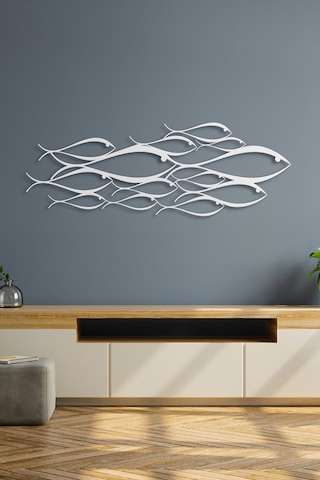 School Of Fish Metal Duvar Dekorasyonu - Beyaz - 150 X 53 Cm