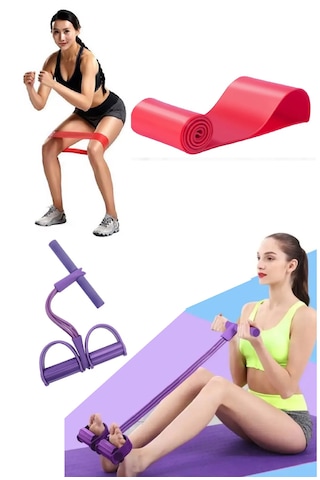 Pedal Puller Ve Loop Bant Takımı Body Trimmer Ve 60 Cm Direnç Lastiği Set Mor - Kırmızı