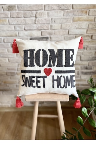Swita Home Punch İşlemeli Tekli Dekoratif Home Sweet Home Kırlent Kılıfı Panç Kırmızı
