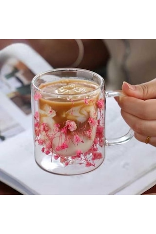 300ml Çift Cidarlı Çiçekli Kupa Isıya Dayanıklı Çift Katmanlı Cam Çay & Kahve Kupası Şık Ve Ergonomik Tasarım Açık Ahşap