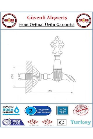 Osmanlı Musluğu - Antik Hamam Çeşmesi - %100 Prinç - Altın Sarısı