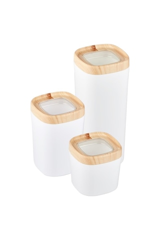 Ceronni Bonny Erzak Saklama Kabı 3lü Set Ahşap Kaplama Kapak Renkli Hazne 1,8lt - 1lt - 600ml Açık Ahşap Ahşap