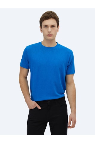 Kip Saks Düz Bisiklet Yaka Pamuk Karışımlı T-shirt Saks