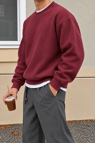 Cool Tarz Erkek 3 İplik Şardonlu Regular Fit Bisiklet Yaka Basic Sweatshirt Bordo Bordo