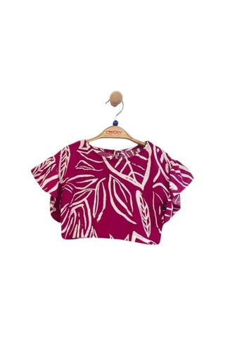 Kız Çocuk Beli Lastikli Desenli Pantolon Bluz Takım-13948 Fuşya