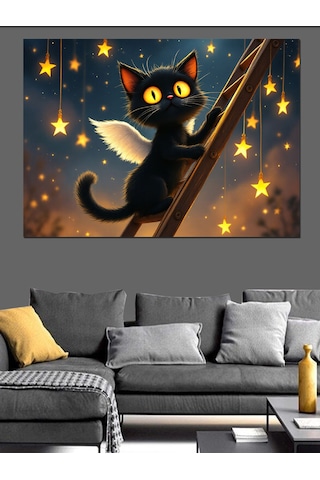 Yıldızlı Gece Kara Kedi Dekoratif Kanvas - Mdf Ahşap Tablo