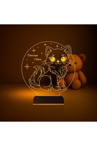 Luvivia Çocuk Odası Hediye Kedi Kedicik Tasarım Kişiye Özel 3d Lamba - Masa Gece Lambası Şeffaf
