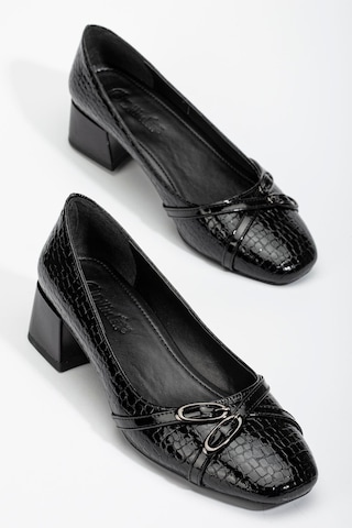 Büyük Numara Kroko Rugan Küt Burun Siyah Kadın Kısa Topuklu Ayakkabı-3260 Siyah