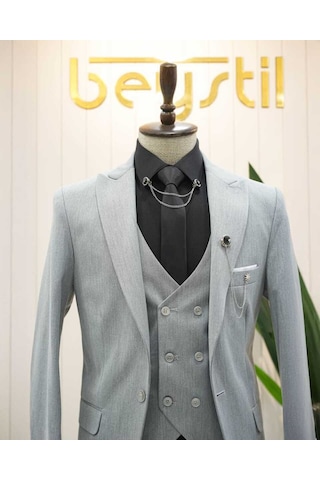 Bys Beystil Sivri Yaka Gri Yelekli Takım Elbise Nikol - Slim Fit