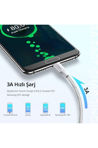 Ugreen 60133 USB-C to USB-A 3A QC Örgülü Hızlı Şarj Kablosu 2 Metre Gümüş Beyazı