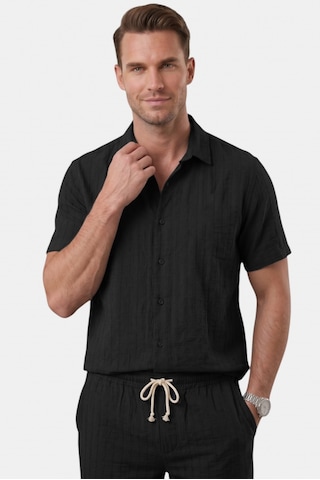 Deep Sea Deepsea Siyah Slim Fit Çizgi Dokulu Keten Görünümlü Kısa Kol Erkek Spor Gömlek 2602648