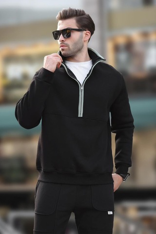 Madmext Siyah Dik Yaka Yarım Fermuarlı Sweatshirt 7079 Siyah