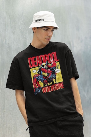 Marvel Wolverine X Deadpool Baskılı Unisex Tişört, Oversize Film Siyah