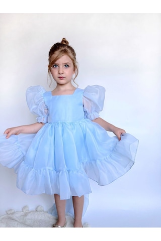 Linola Baby Kids Puffy Şifon Kız Çocuk Parti Elbisesi Mavi