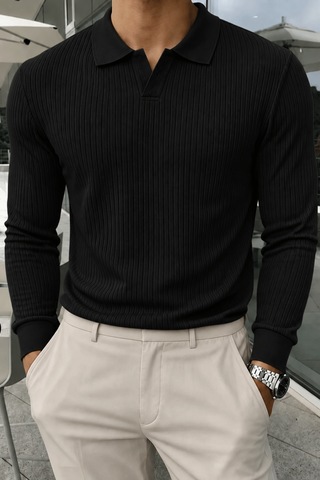 Genius Store Erkek Polo Yaka Kazak Fitilli Anti Pilling Tüylenme Yapmaz Regular Fit Erkek Triko Kazak Pyaka-kzk Siyah