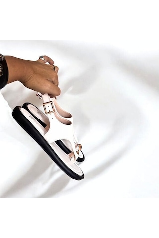 Ne&ve Shoes Beyaz Deri Tokalı Parmak Arası Kadın Günlük Sandalet