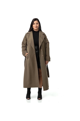 Büyük Beden Mono Yaka Kruvaze Kapamalı Yırtmaçlı Astarlı Uzun Haki Trençkot-haki Haki