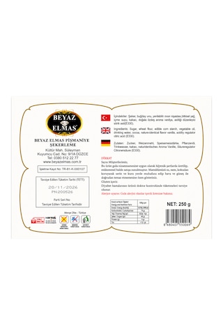 Beyaz Elmas Büyük Boy Pişmaniye 250 Gr - Kakaolu Geleneksel Türk Pişmaniyesi - Tel Helva
