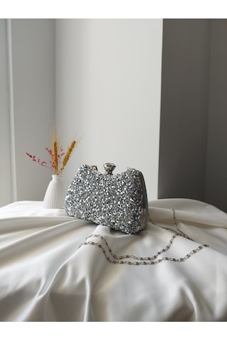 Vivazzaluxe Kristal Taşlı Kadın Abiye, Clutch Çanta Gümüş