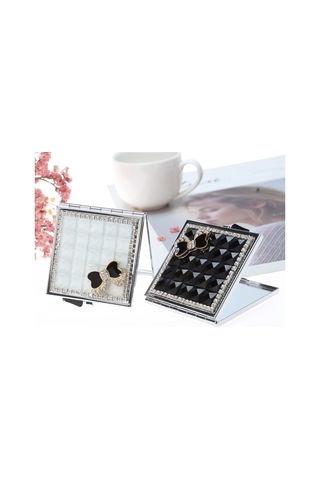 Sones El Yapımı Elmas Mini Katlanır Kozmetik Aynası Taşınabilir Ayna Çift Taraflı Mücevher Yay Siyah