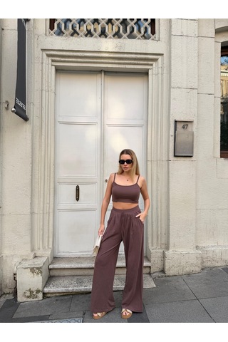 Bonacosa Kadın Viskon 3 Lü Takım Kimono + Beli Lastikli Salaş Pantolon + Crop 8 Renk Kahverengi