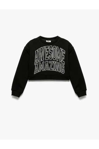 Koton Şardonlu Uzun Kollu Bisiklet Yaka Taş Detaylı Sweatshirt Siyah 6wkg10208ak Siyah