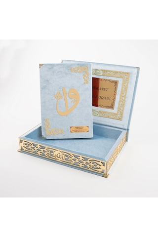 Raşel Kutulu Hediyelik Kuran-ı Kerim Orta Boy, Bebe Mavi, Elif-vav Gold Pleksi