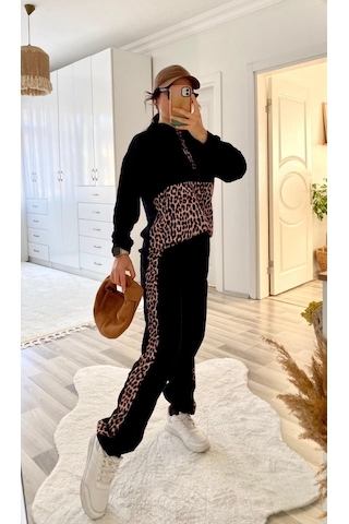 Modasize Kadın Uzun Kollu Leopar Detay Sweat Ve Yanı Leopar Şerit Detay Pantolon Ikili Takım Siyah