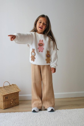 Kız Çocuk 3 İplik Şardonlu Peluş Baskı Detaylı Sweatshirt - Eşofman Alt Üst Takım 3riple Ekru