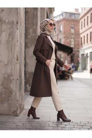 B.he.z Kruvaze Yaka Bondik Su İtici Kumaş Astarlı Trend Model Diz Altı Trençkot Kahverengi