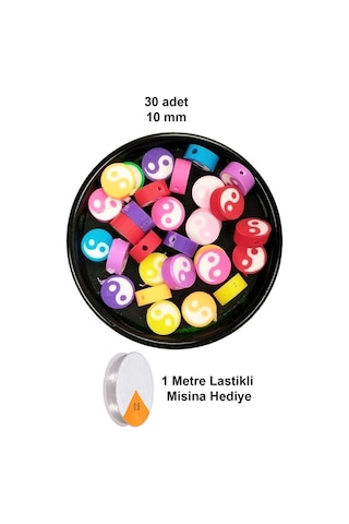 30 Adet 10 Mm Polimer Kil Fimo Boncuk Takı Bileklik + 1 Metre Lastikli Misina - Renkli Yin Yang