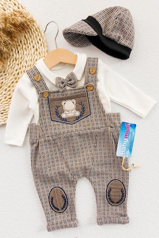 Vintage Desenli Şapkalı Erkek Bebek Tulum Salopet Takım 001