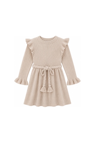 Babyhola %100 Organik Triko Kız Bebek Çocuk Kemerli Elbise 32125 Bej