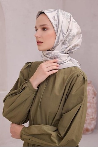 Belli Tivil Saf İpek Eşarp 4219 - 59 Beyaz Çiçek Desen Krem