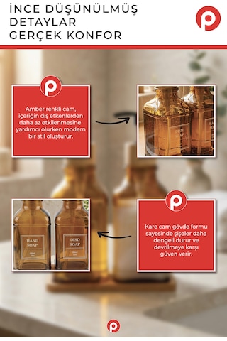Pazarika 2 Li Amber Cam Sıvı Sabunluk Seti - Bambu Standlı & Tepsili Mutfak Banyo Seti Açık Kahverengi