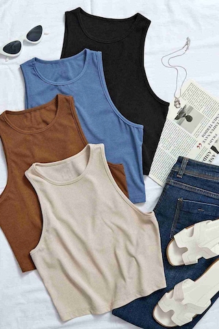 Merry See Tek Renk 1 Adet Kadın Kolsuz Örme Kumaş Bluz Crop Siyah 001