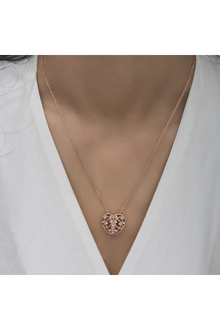Gümüş Rose Bombeli Kalp Kadın Kolye Turuncu