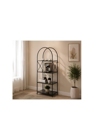 Familieconcept Metal Kitaplık Ve Dekoratif Raf 180x70 Cm Statik Boyalı Temperli Cam Siyah
