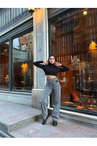 Shevega Kadın Füme Yan Tokali Geniş Kesim Baggy Bol Paça Kot Jeans Pantolon Füme