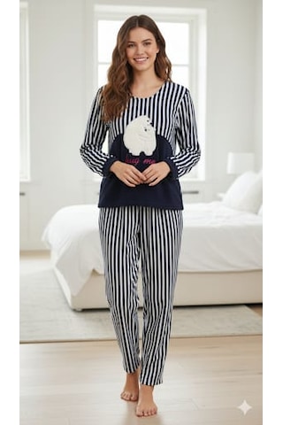 Senfoni Kadın Pijama Takımı Beyaz - Lacivert