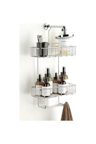 Duş Borusuna Asılabilir Kancalı İki Katlı Banyo Raf Krom Bk-0068 Gümüş
